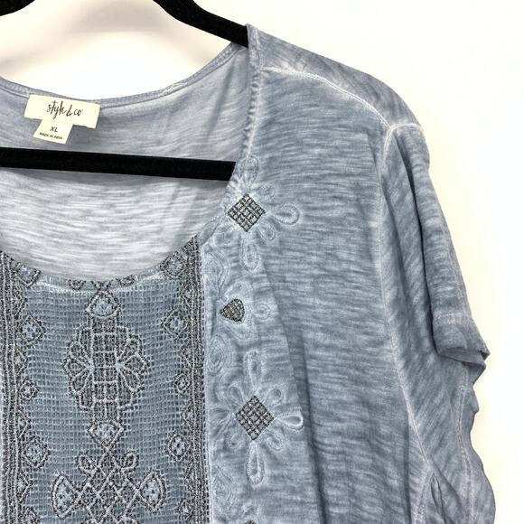 Style & Co. Embroidered Beaded Tiered Tunic Top Womens XL Washed Blue - Picture 3 of 6